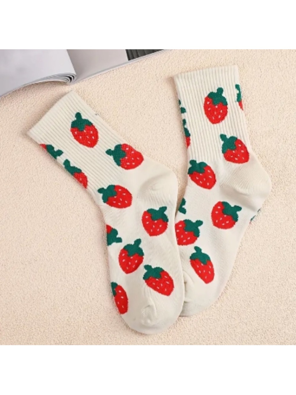 White Crew Socks with Red Strawberry Print (1 pair) - Picture 2 of 2